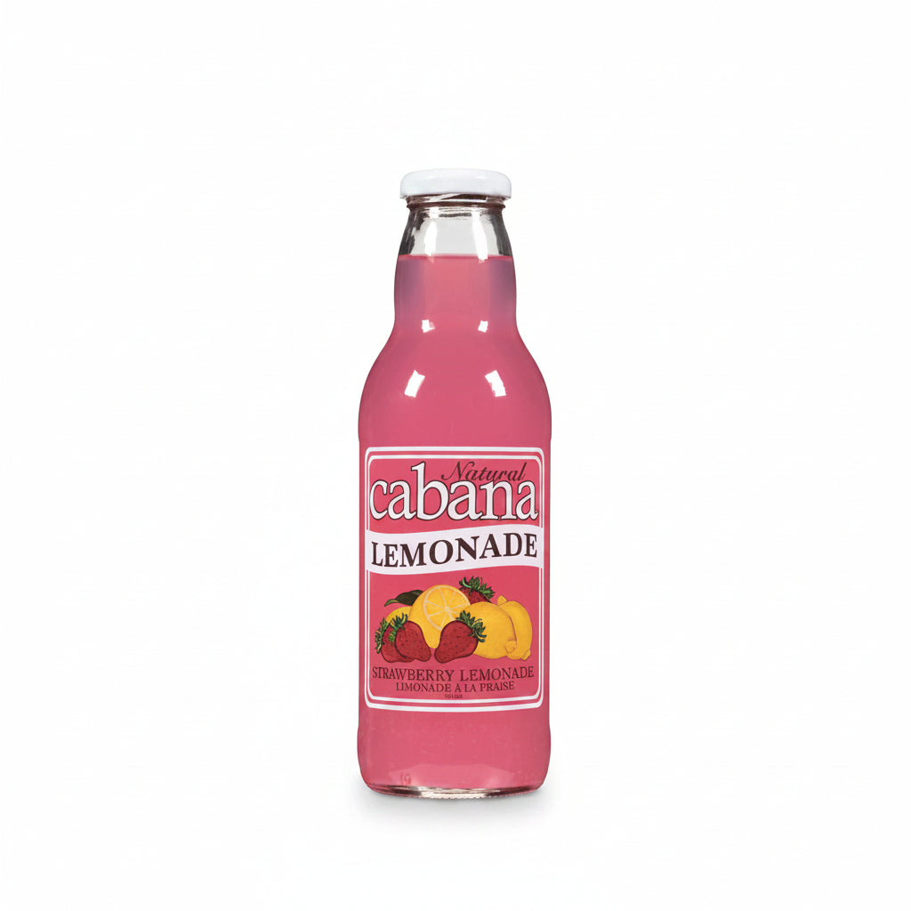 Pink lemonade bottle with 'cabana' label on a white background