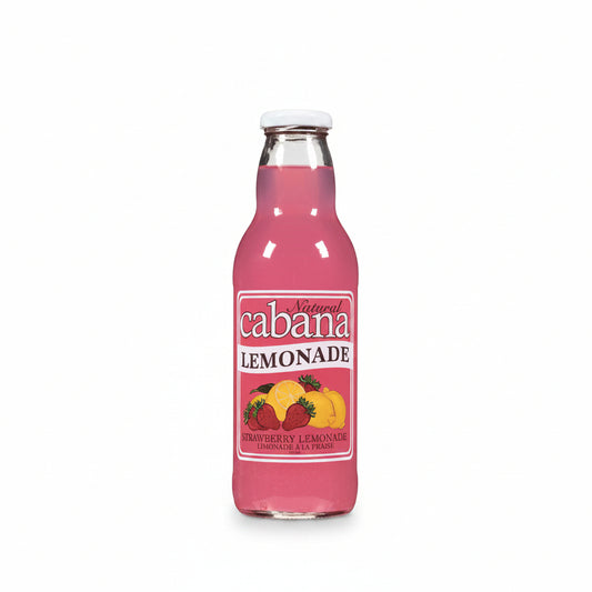 Pink lemonade bottle with 'cabana' label on a white background